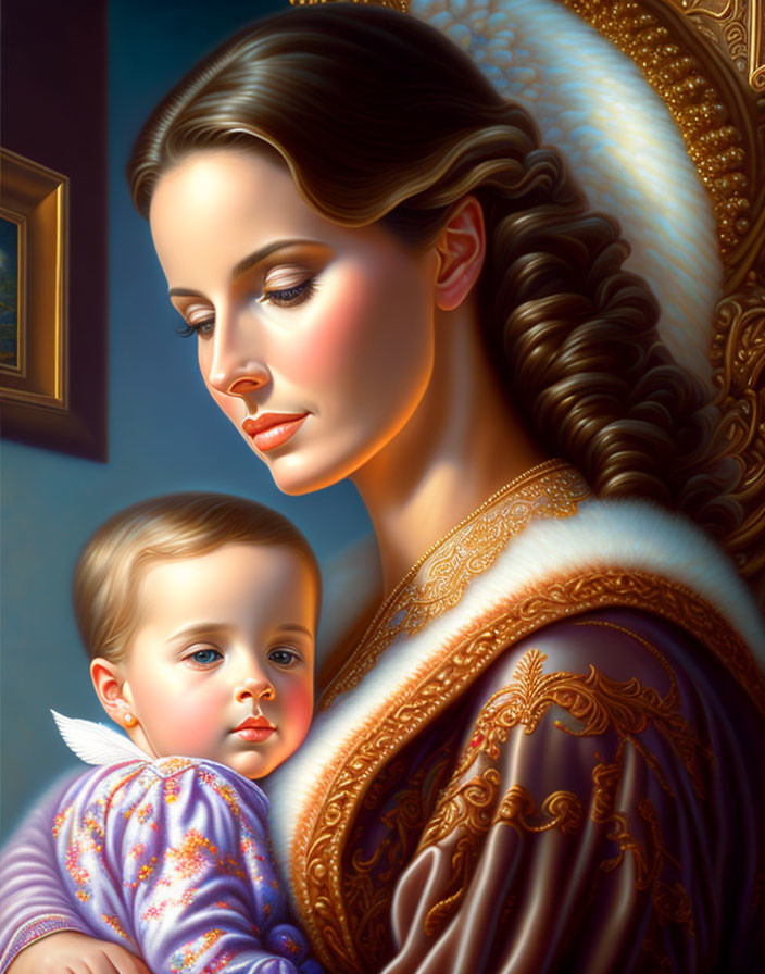 Portrait of woman with braided updo holding baby in serene classic art setting