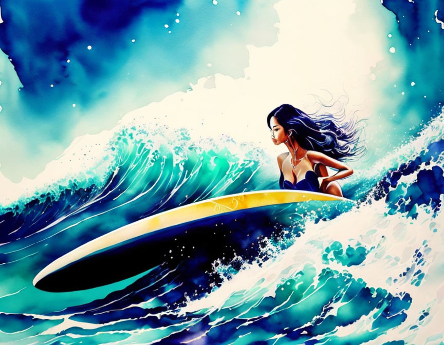 Long-haired woman surfing vibrant wave under colorful sky