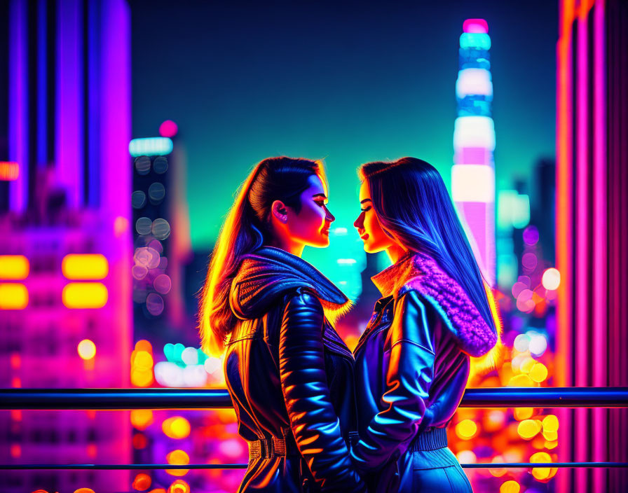 A vibrant nightscape of two young women 