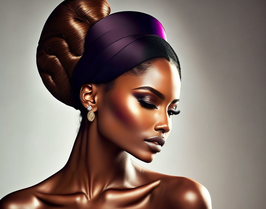 African woman digital art with elegant makeup and purple hat