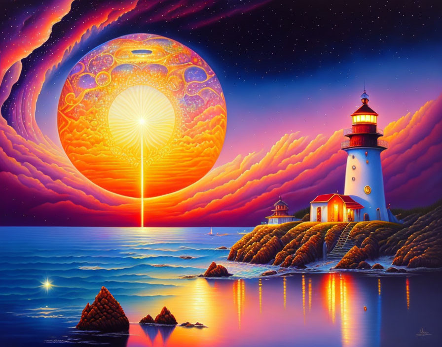 Colorful sunset seascape with lighthouse, dramatic sky, and celestial reflection