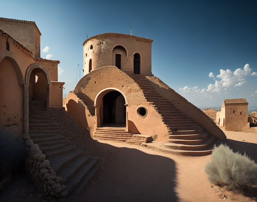 Ancient desert architecture with rounded walls and staircases under a clear blue sky
