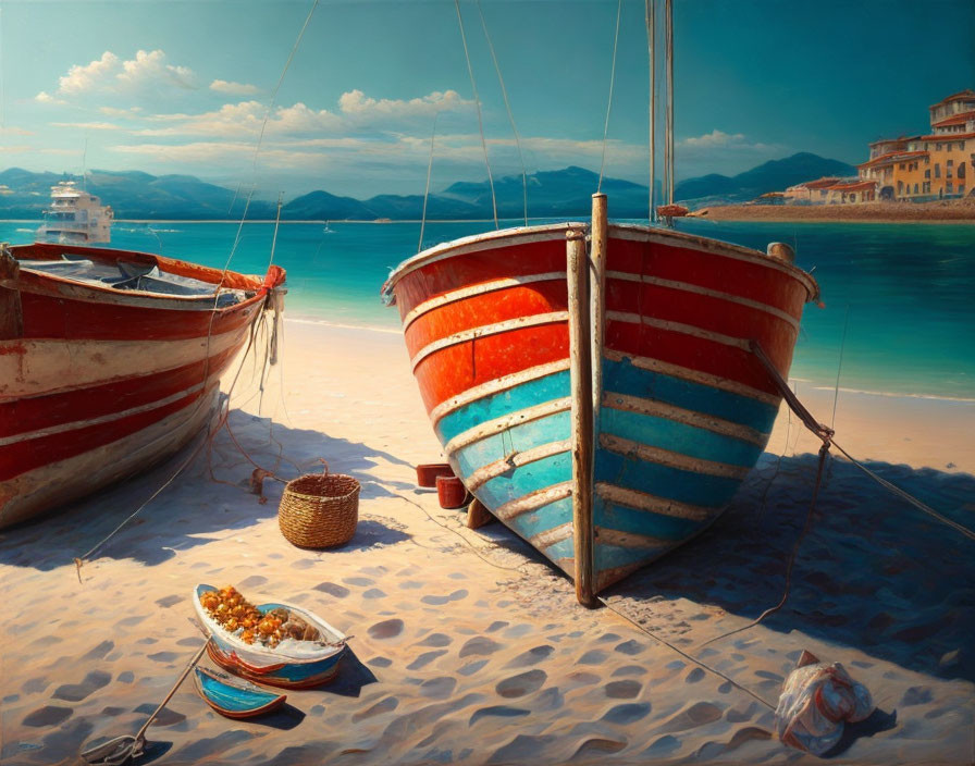 Colorful boats on sandy shore with clear blue water and ship on horizon