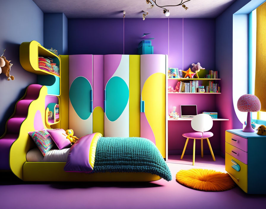Colorful Children's Bedroom with Purple Wall & Whimsical Decor