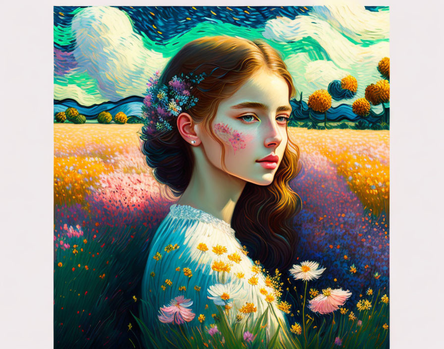 Young woman with floral hair adornments in front of vibrant fields and swirling skies