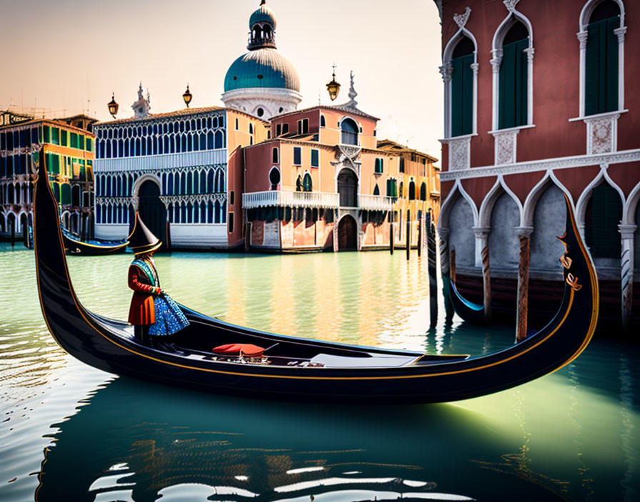 Historic buildings and dome backdrop gondola on Venice canal