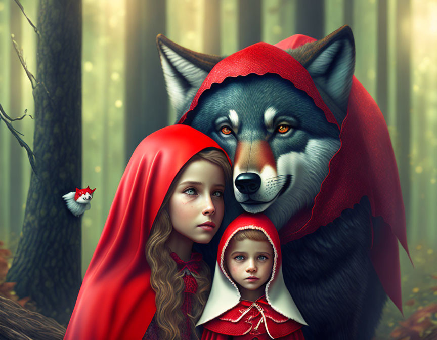 Whimsical Little Red Riding Hood with large wolf in grandmother's hood in misty forest