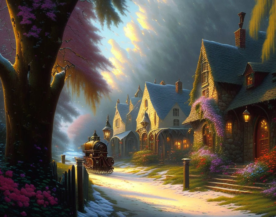 Twilight scene with steam train, cobblestone path, glowing houses, and vibrant plants