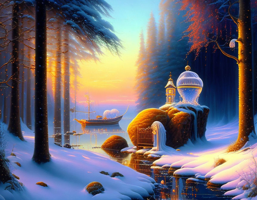 Winter fantasy scene: sunset, snow-covered landscape, glowing lamppost, boat, church-like building