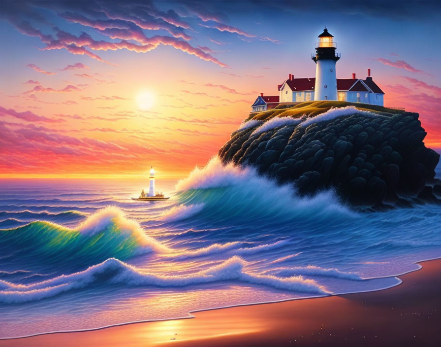 lighthouse that illuminy the sea with ships on the