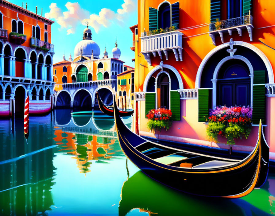 oil painting Venice, the lagoon, the rialto bridge