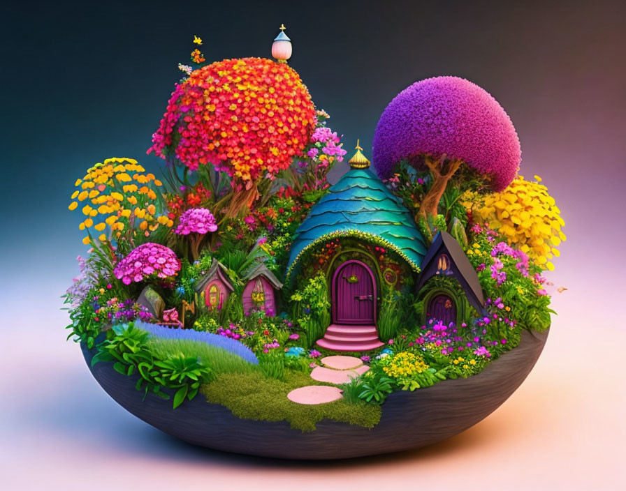  fantasy garden with little house and colorful flo