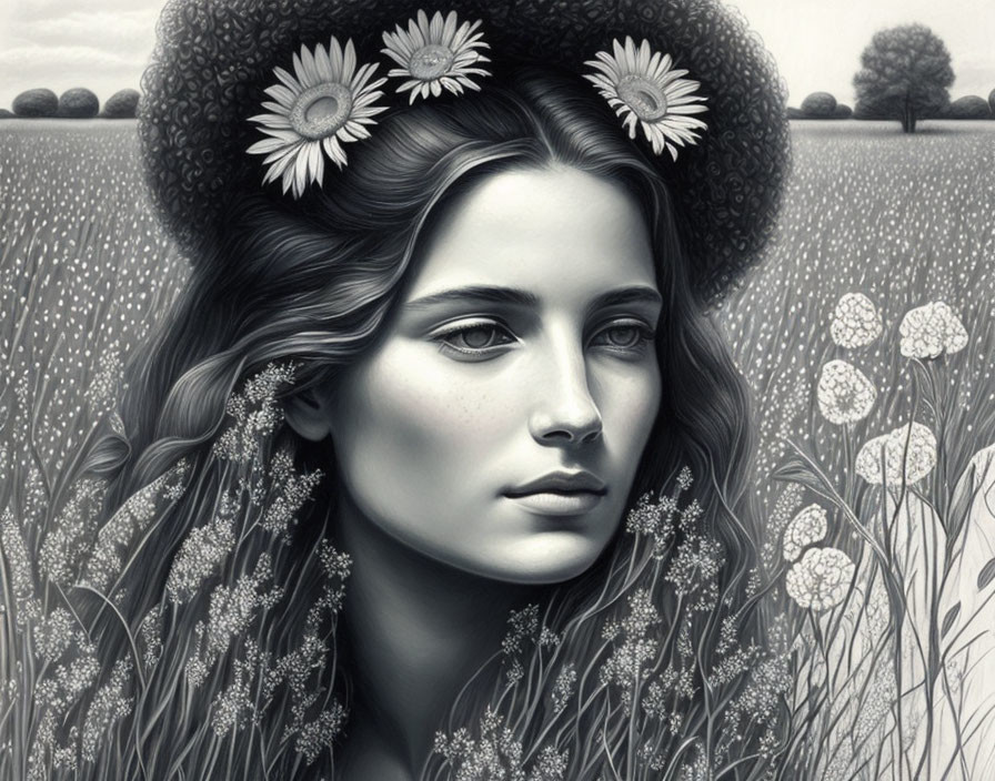 Monochrome drawing of woman with daisies in hair in field