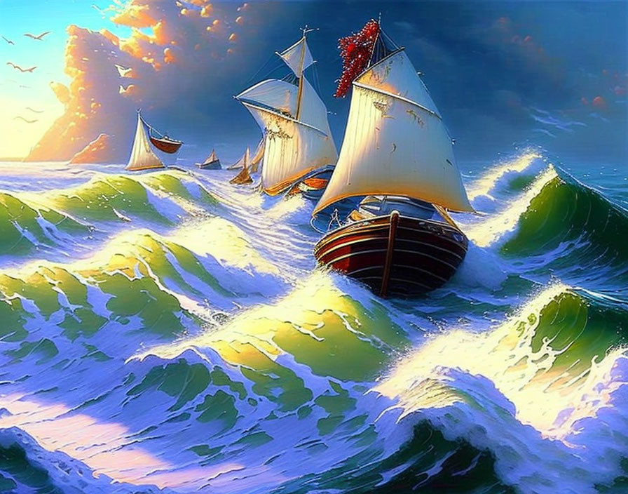 Sailing ships with billowing sails on turbulent ocean waves