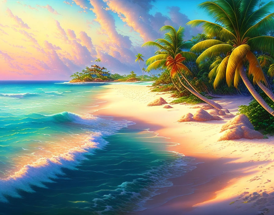 Tropical Beach Sunset with Palm Trees and Colorful Sky