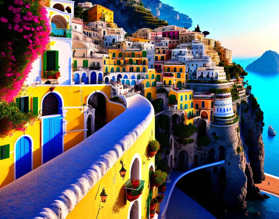 Scenic coastal town with colorful buildings and flowers along cliffside road