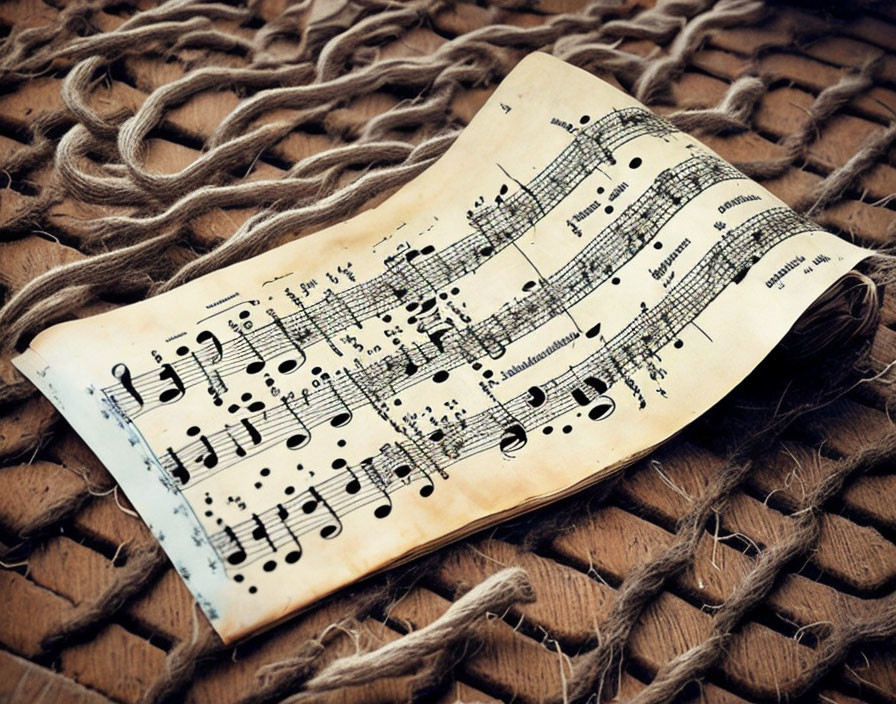 old sheet music on the ground tied with string