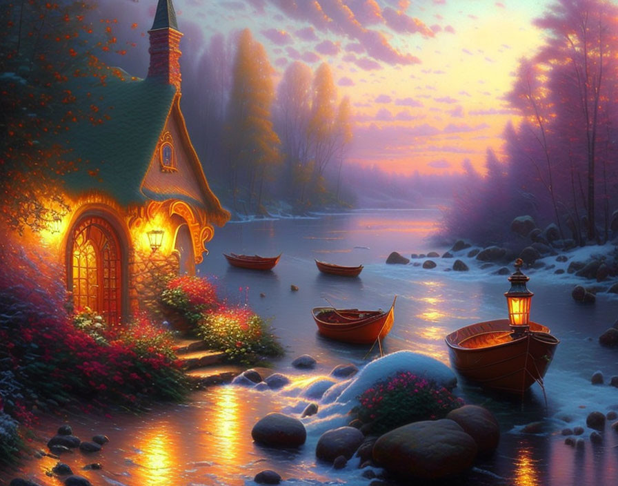 Charming cottage by river with glowing windows at dusk