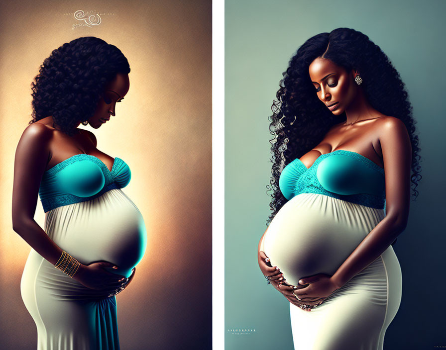 Pregnant woman in white dress with blue sash: Photo vs Digital illustration