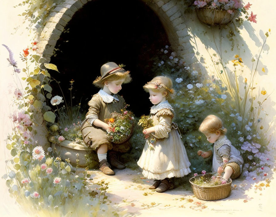 Children in vintage attire pick flowers near stone tunnel entrance