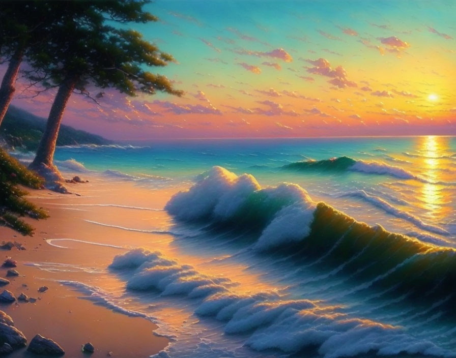 Vibrant beach sunset with crashing waves and pine trees