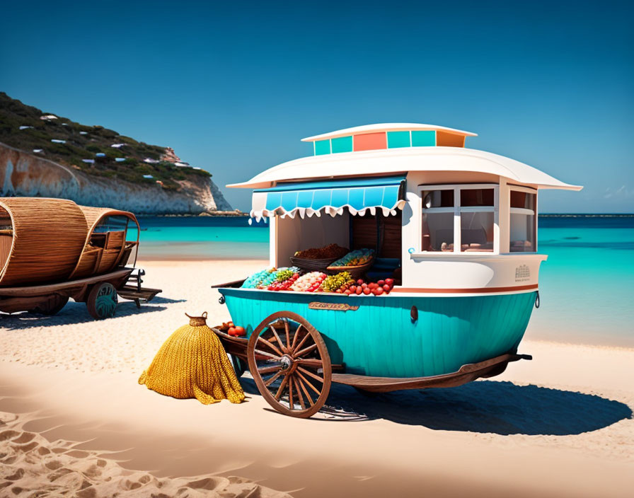 Vintage Food Cart on Sandy Beach with Turquoise Waters & Cliffs