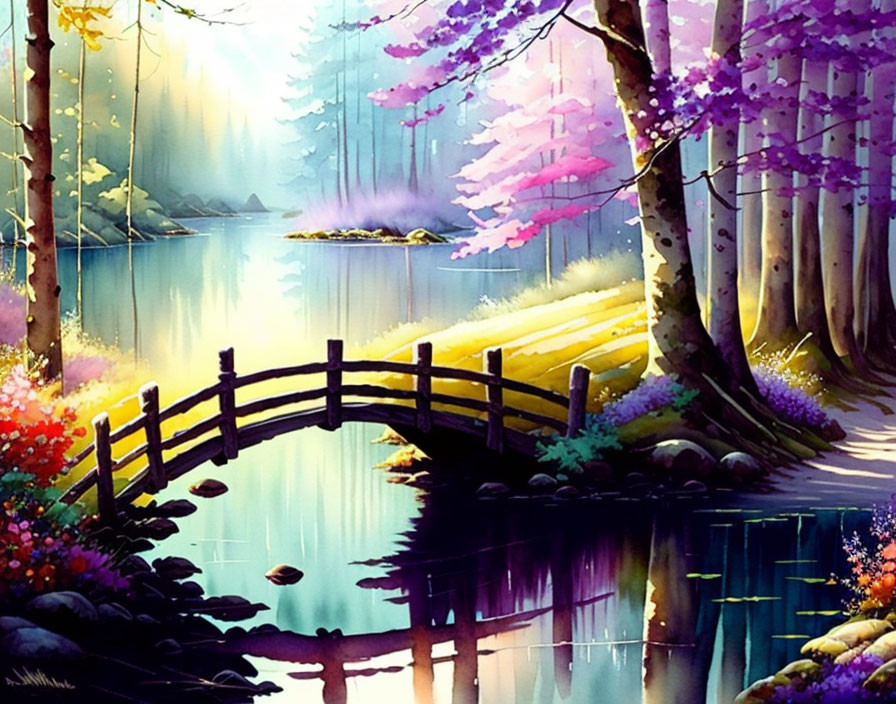 Old wooden bridge set in a forest of spring colors