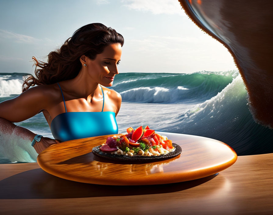 Smiling woman with blue top and food on wooden table by ocean waves