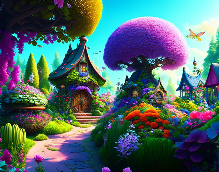  fantasy garden with little house and colorful flo