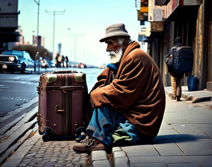 homeless old man sitting on the sidewalk 