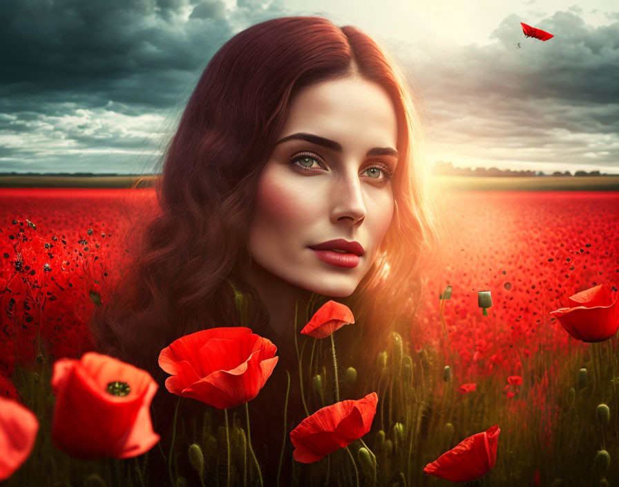 Red-haired woman in poppy field at sunset with green eyes and paper airplanes