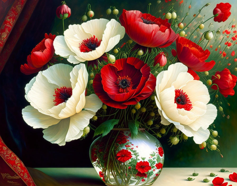 Elegant bouquet of white and red poppies and peony