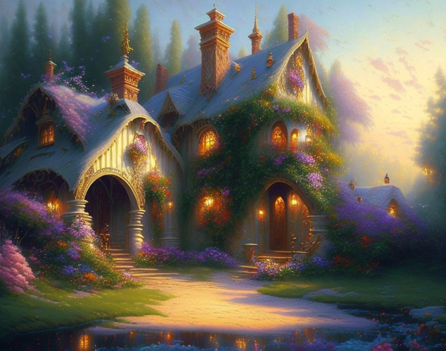 Charming cottage surrounded by greenery and flowers at twilight