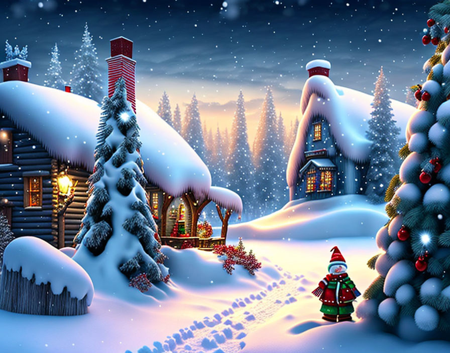 A wintery Christmas village scene with a snow-cove