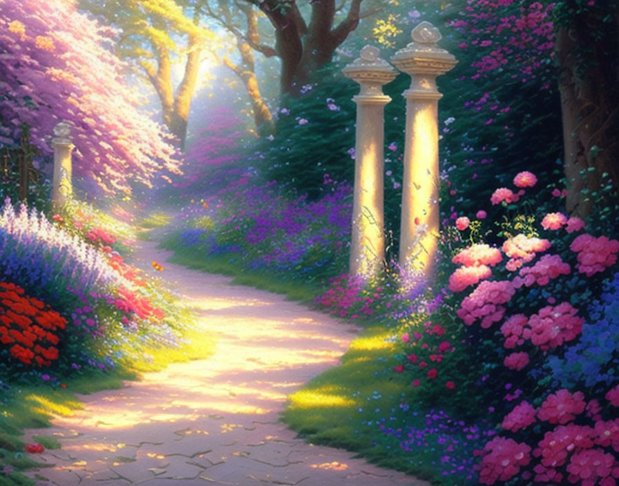 Vibrant garden path with blooming trees and stone pillars