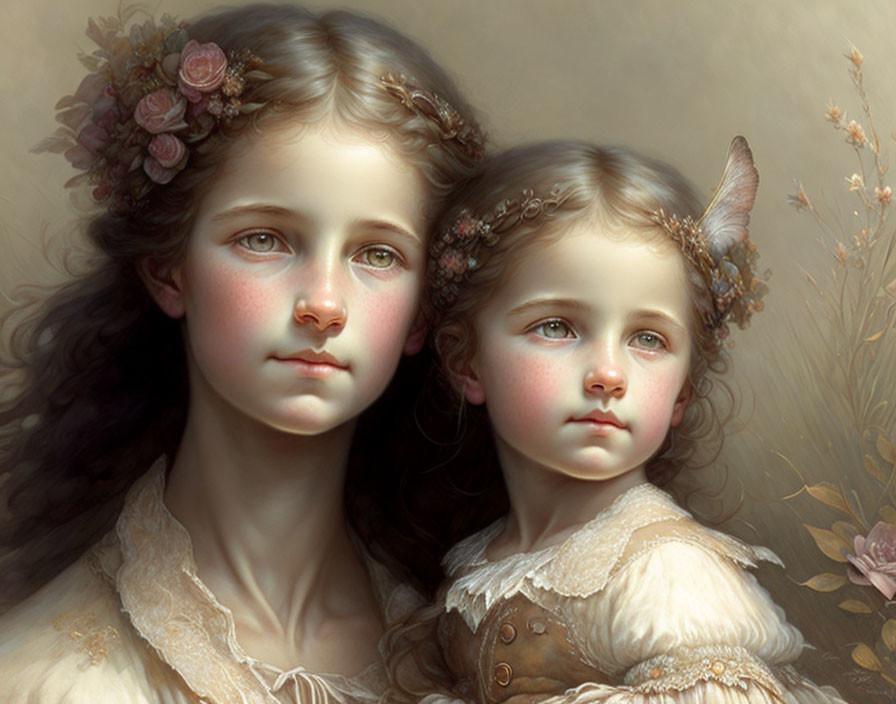 Two girls in floral crowns and vintage dresses with subtle smiles and wistful gazes.
