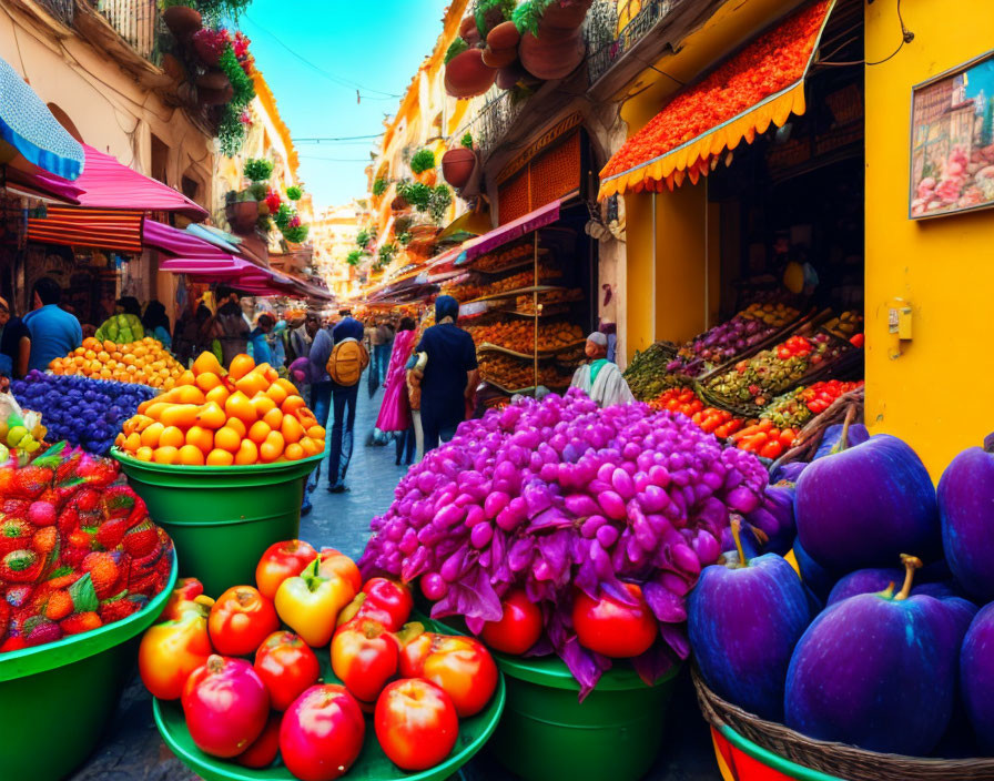Vibrant market street with fresh produce and festive decor