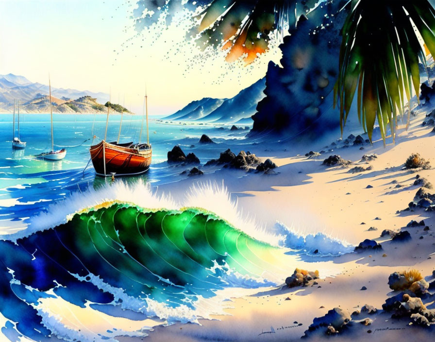 Vibrant watercolor beach scene with green wave, palm fronds, sailboats, blue sky