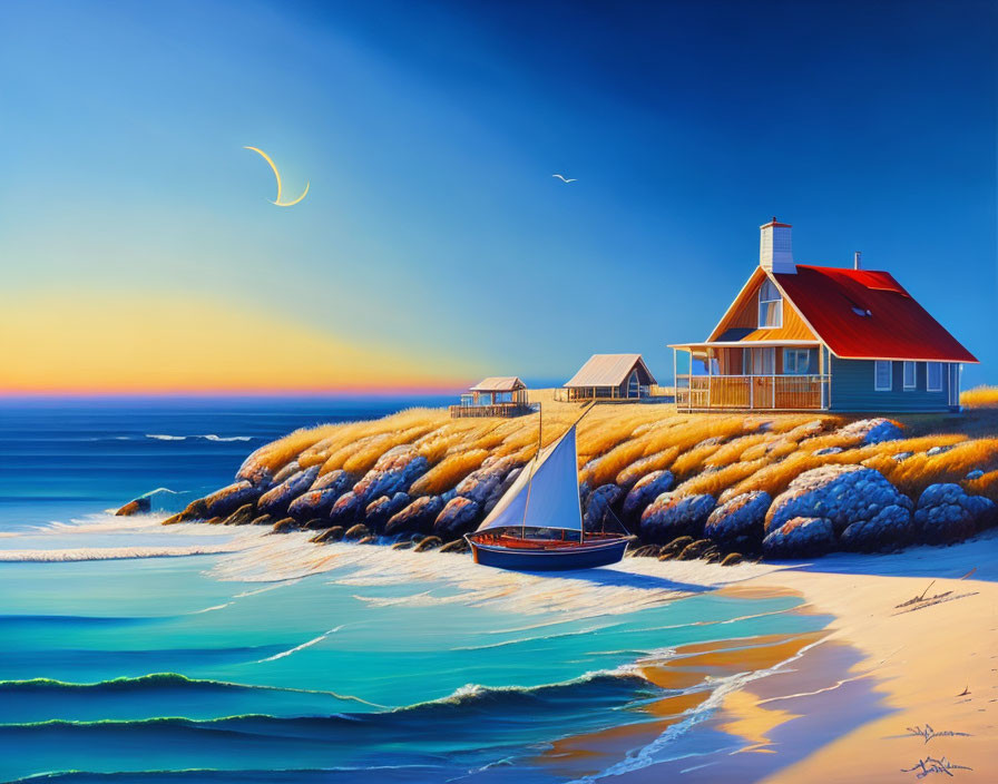 Scenic beach house painting at sunset with sailboat and crescent moon