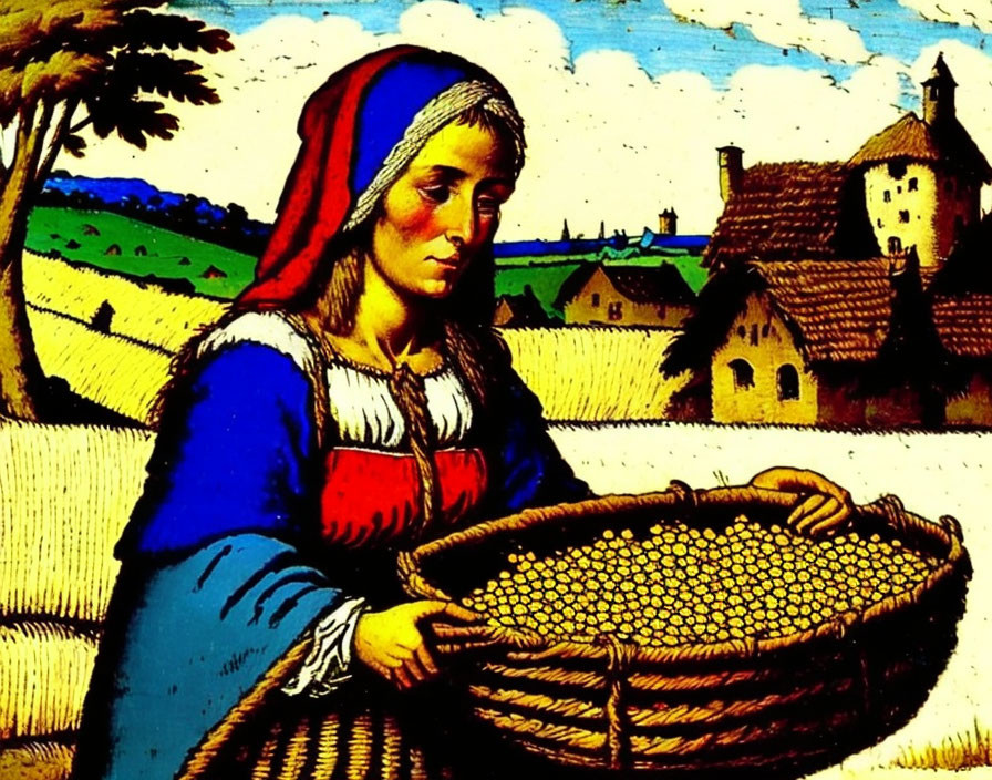 medieval peasant woman, full figure, harvesting gr