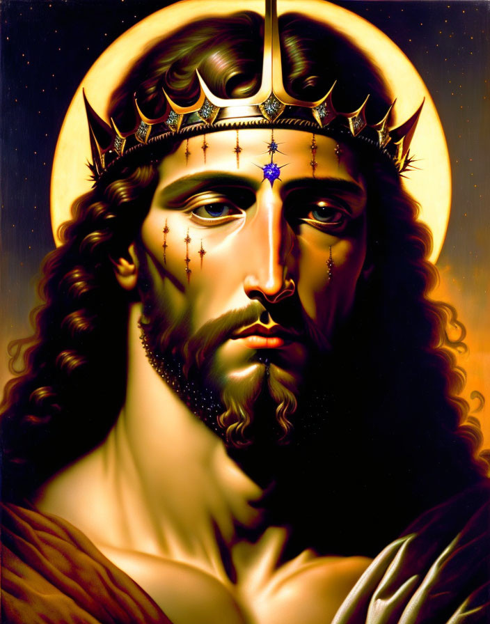 the face of Christ marked by pain with the crown o