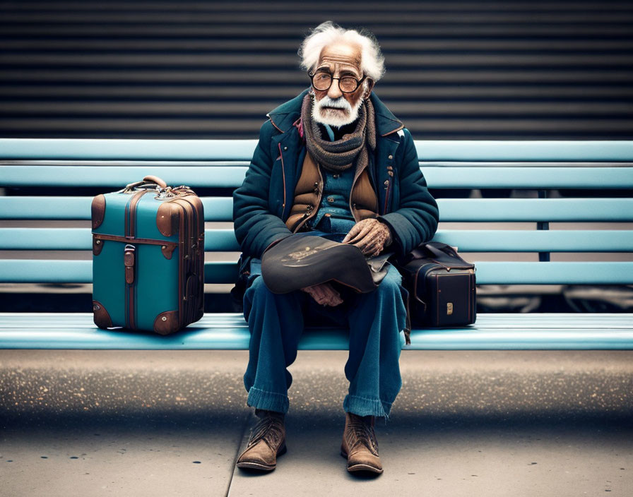 old tramp waiting for the train sitting on a bench