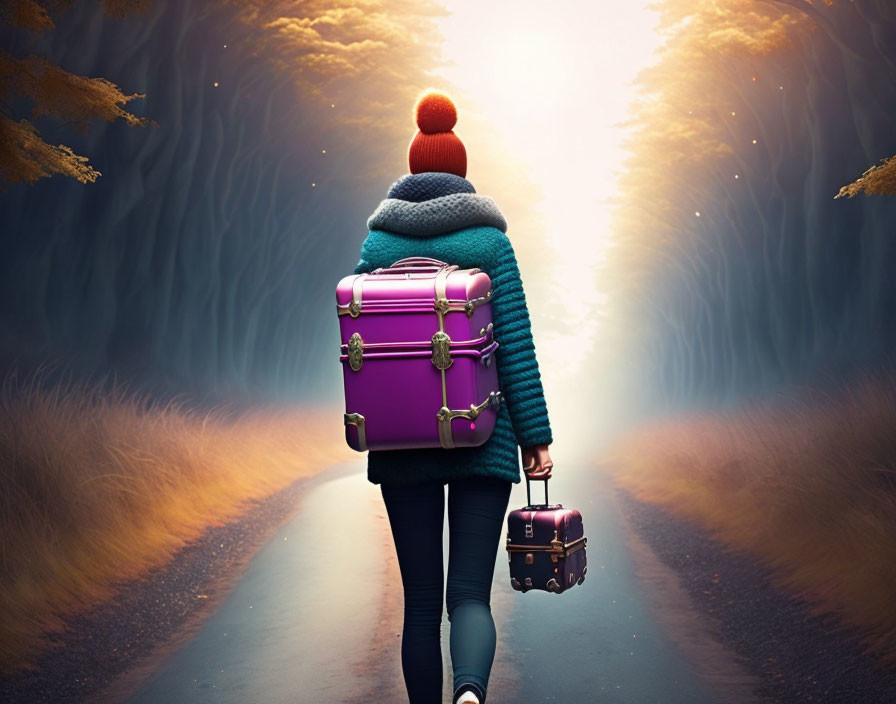 wanderer with suitcase full of dreams