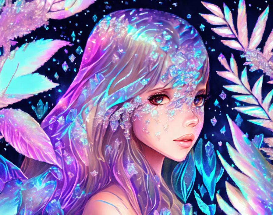 Beautiful ice girl in a holographic crystal jungle