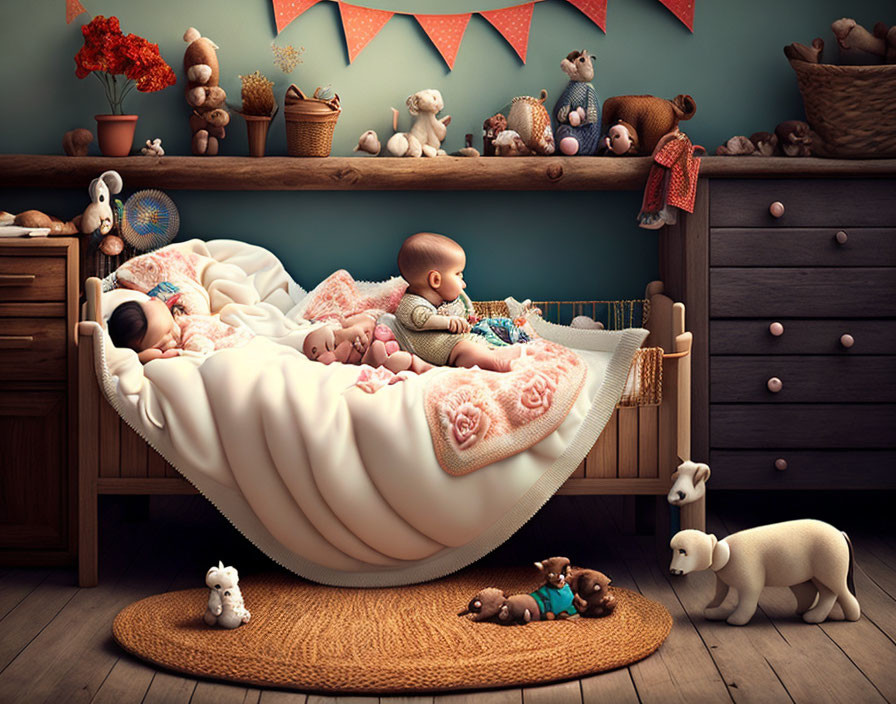 Three Babies Rest in Shell-Shaped Crib with Plush Toys