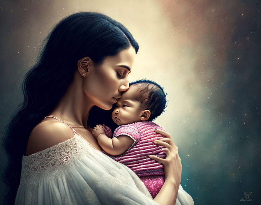 Woman holding and kissing baby in cosmic digital illustration