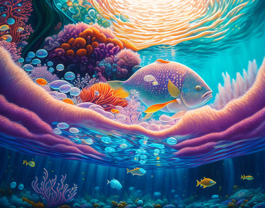 Colorful underwater scene with large fish, bubbles, coral, and sunlight rays