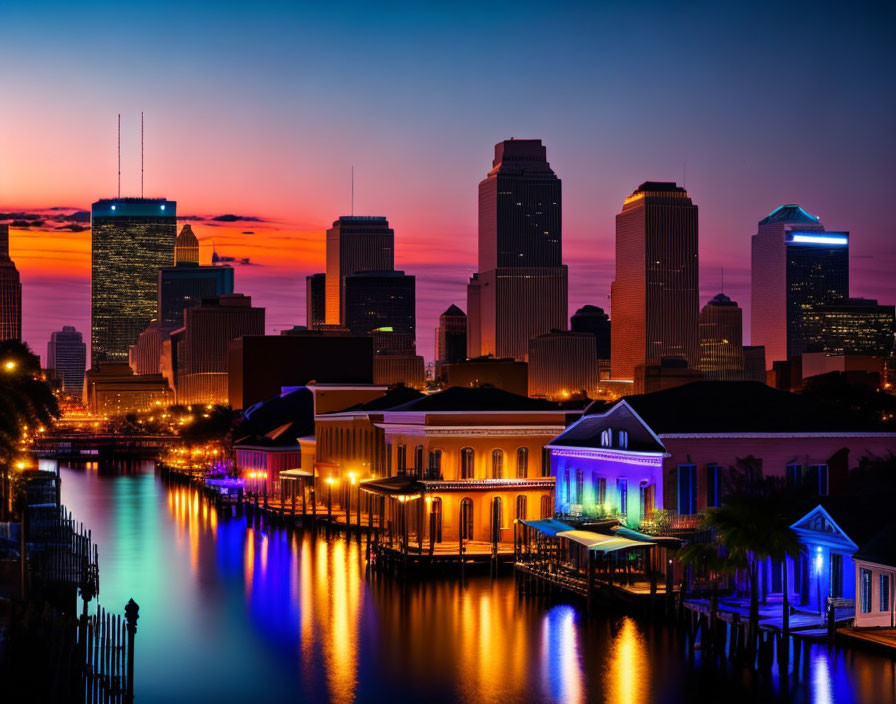 City skyline sunset with river reflections and historic waterfront buildings