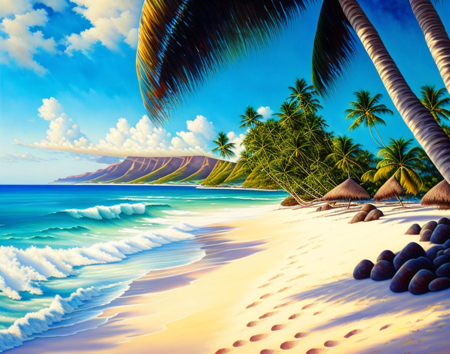 Scenic Tropical Beach with Palm Trees and Thatched Huts