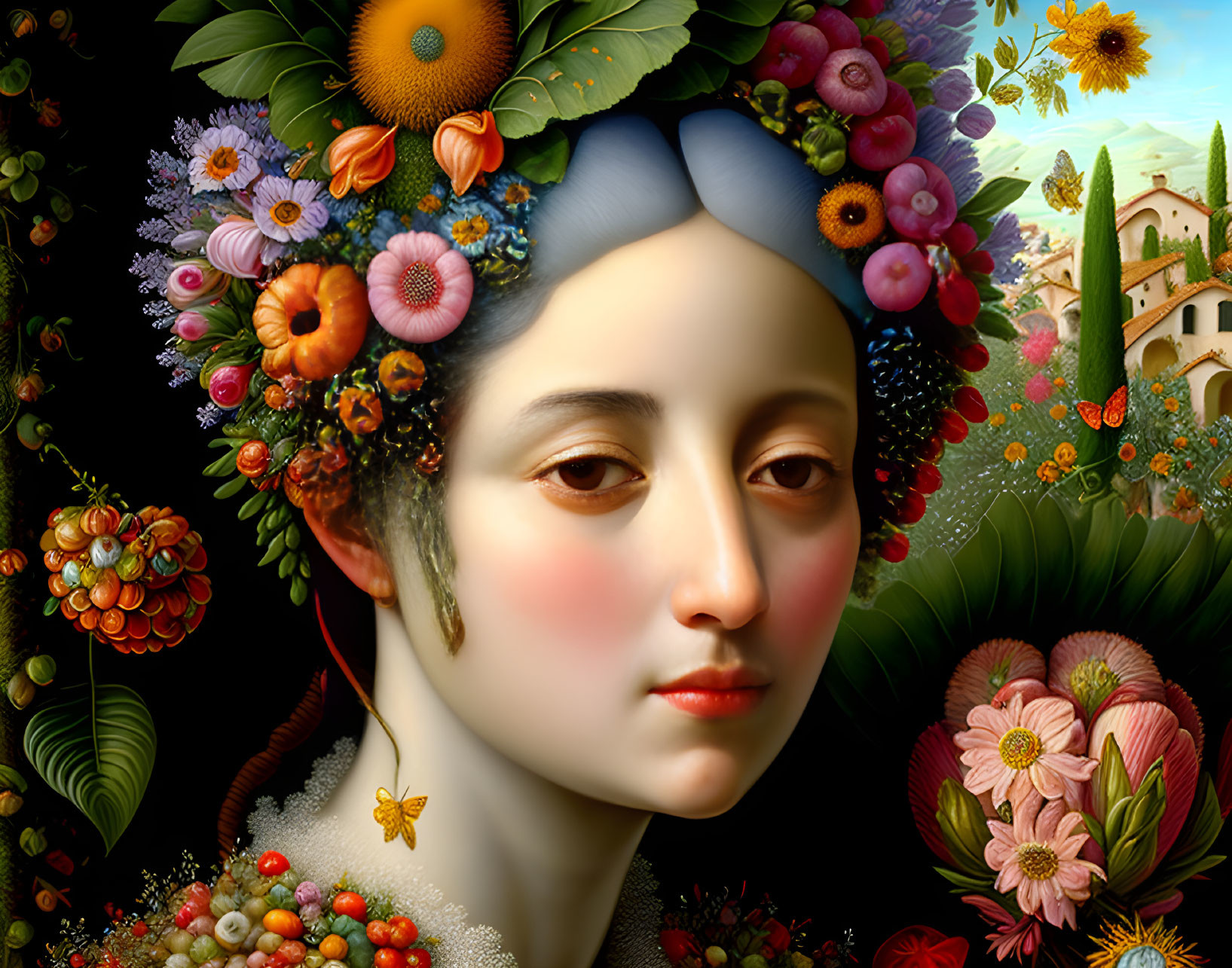 Woman portrait with fruit, flower headdress in garden setting